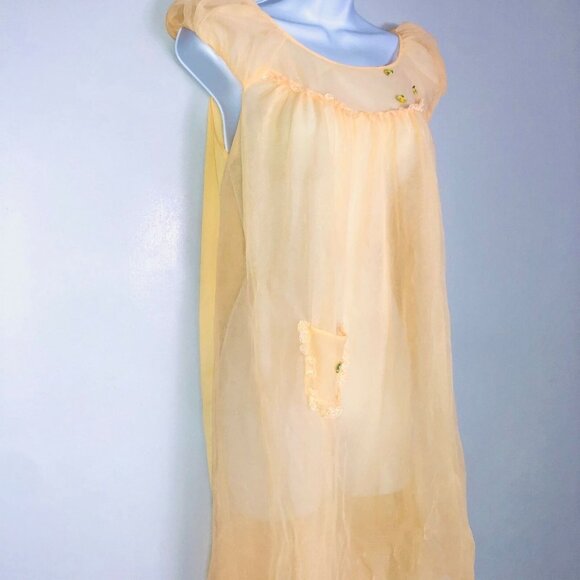 Vintage 60s Womens Babydoll Nightgown M Peach Short Sleeve Semi Sheer - Picture 3 of 7